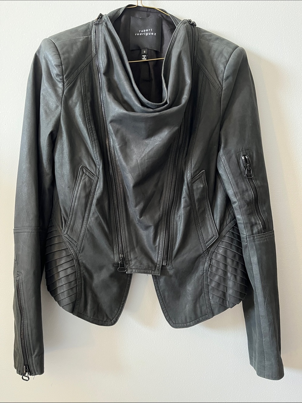 Robert Rodriguez Lamb Leather Black Moto Jacket 2in1 removable cowl Neckline zip